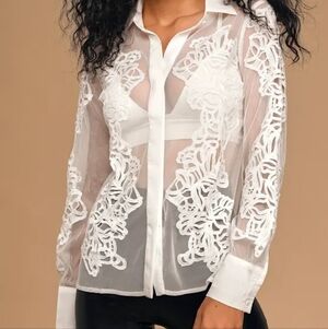 Lulu's Womens Sheer Mesh White Button Up Long Sleeve Top X Small appliques Chic